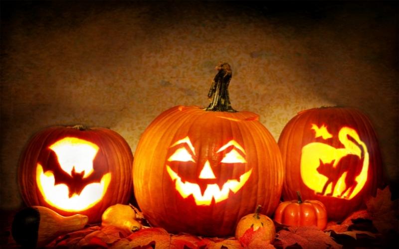 Carving Halloween pumpkins with smiley faces, bats and cats