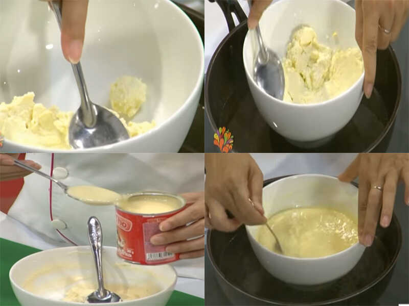 Soften the cheese and add condensed milk