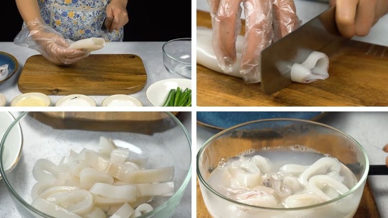Preliminary preparation of ingredients to make crispy squid